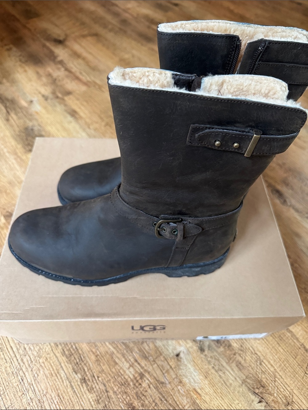 UGG Women's Dark Brown Shearling-Lined Leather Mid-Calf Boots New w Box.